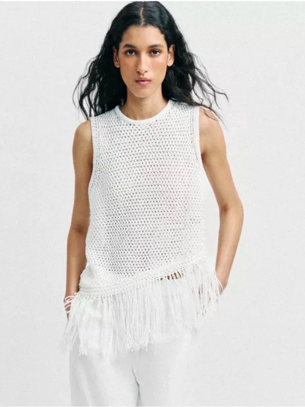 Zara White Crochet Fringe Tank Top